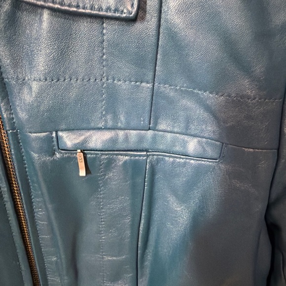 Alfani Teal Blue Leather Zip Jacket - Picture 5 of 9